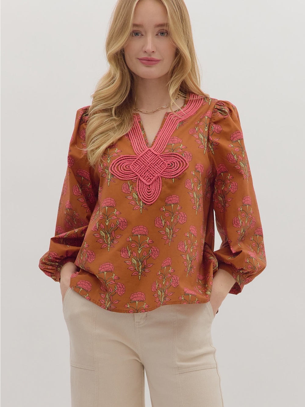 Entry Woven Floral Embroidered V-Neck Women’s Top in Rust and Pink